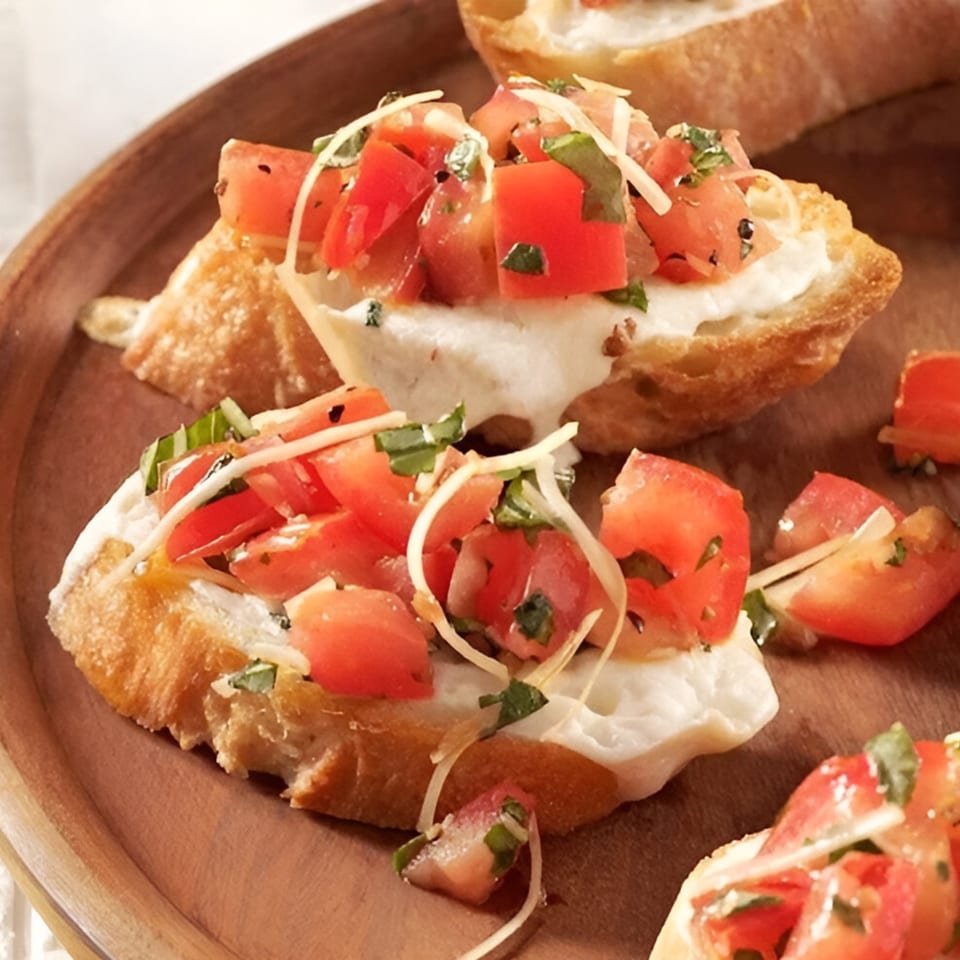Close-up of bruschetta with diced tomatoes, basil, and cheese on toasted bread, on a wooden platter.