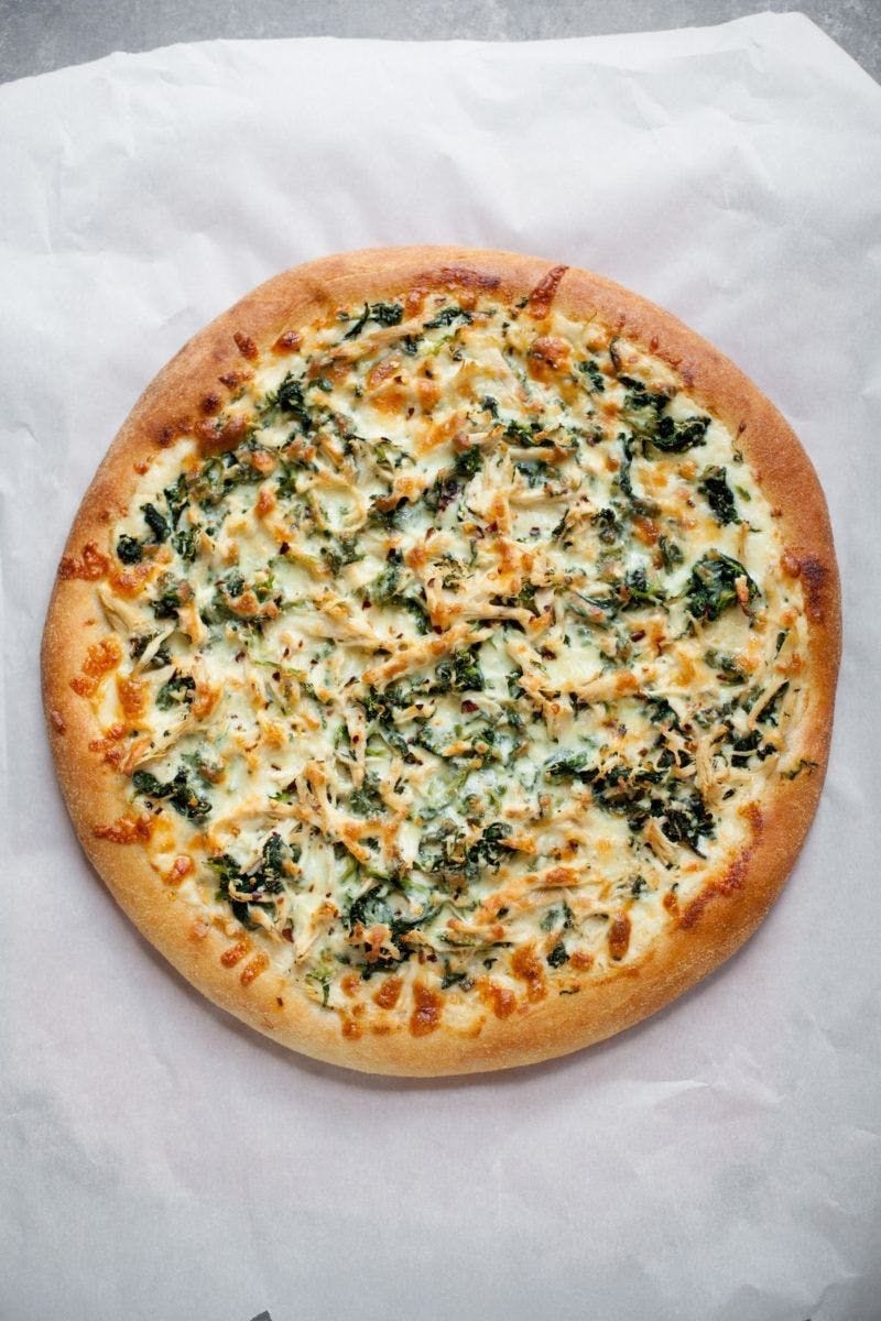 Spinach, Feta Cheese, Alfredo Pizza.