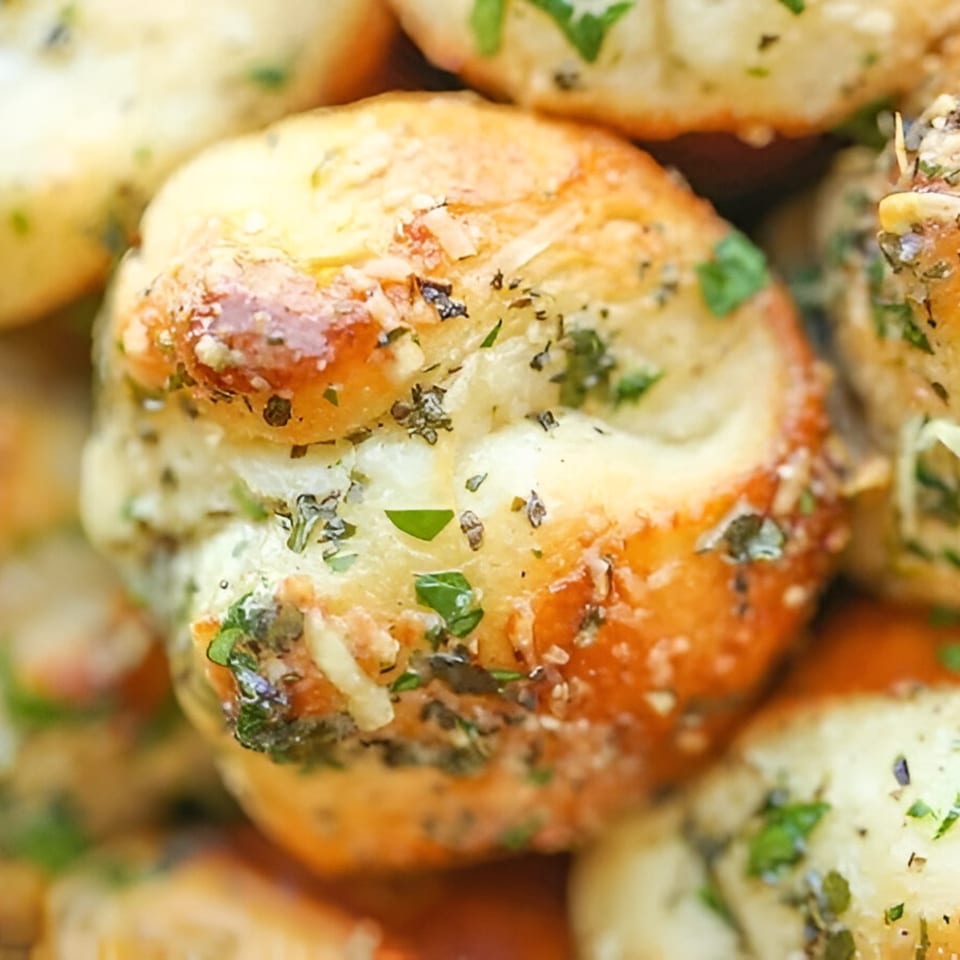 Close-up of golden-brown garlic knots, glistening with butter, herbs, and Parmesan cheese.