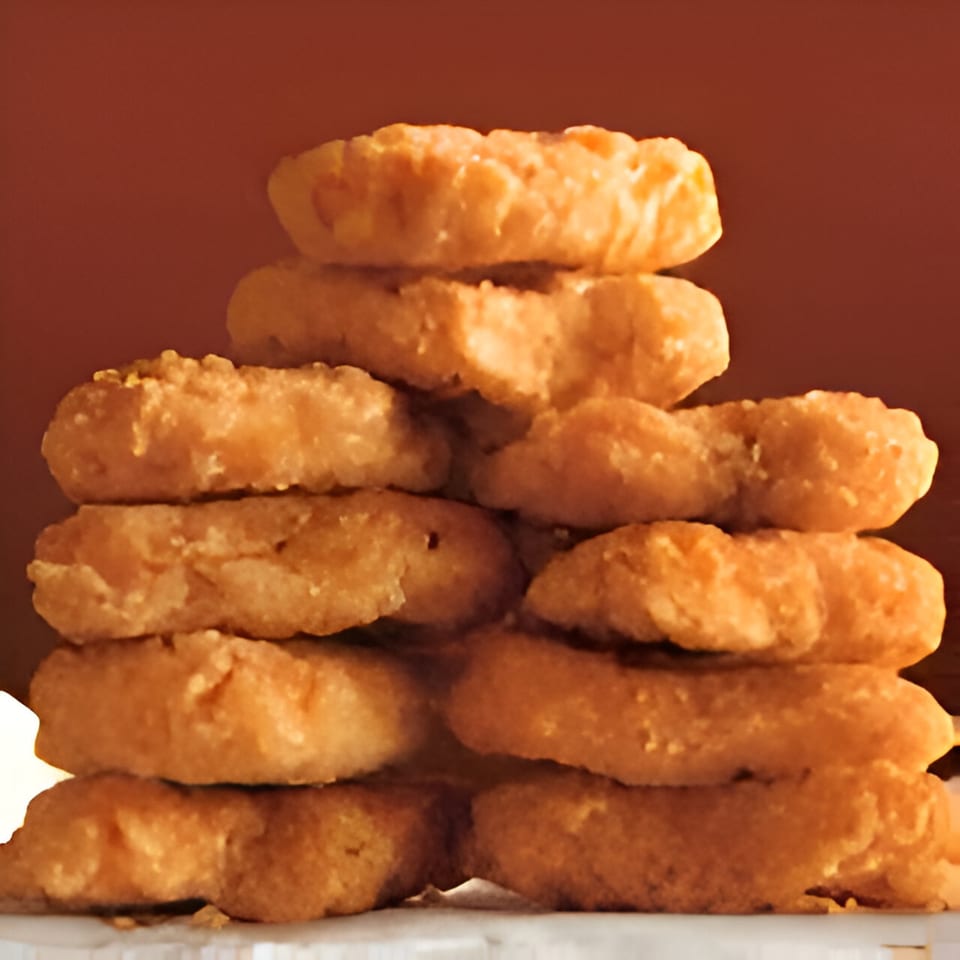 A large stack of golden-brown, crispy chicken nuggets against a warm, reddish-brown background.